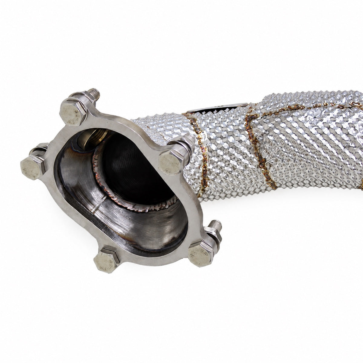 WSTN Performance Audi S6/S7 C7 EA824 4.0T catless downpipe, end-on close-up of the five-bolt turbo flange opening