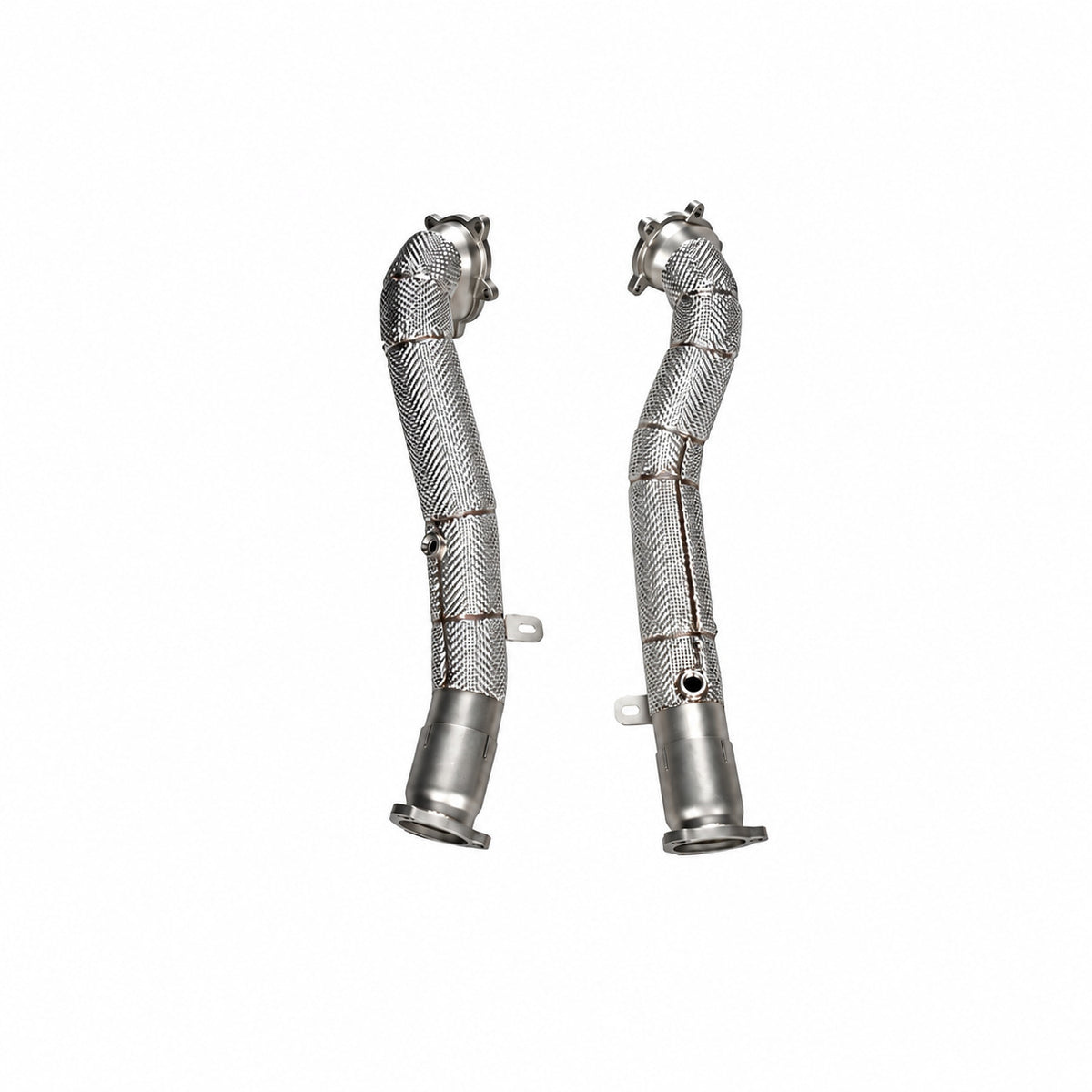 WSTN Performance Audi S6/S7/RS6/RS7 C7 EA824 4.0T catless downpipes, both heat-shielded pipes upright side by side