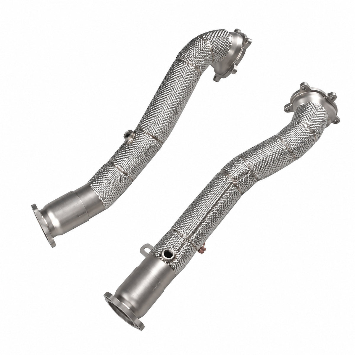 WSTN Performance Audi S6 C7 EA824 catless downpipes, angled view of the heat shielding, flanges and bare outlet ends