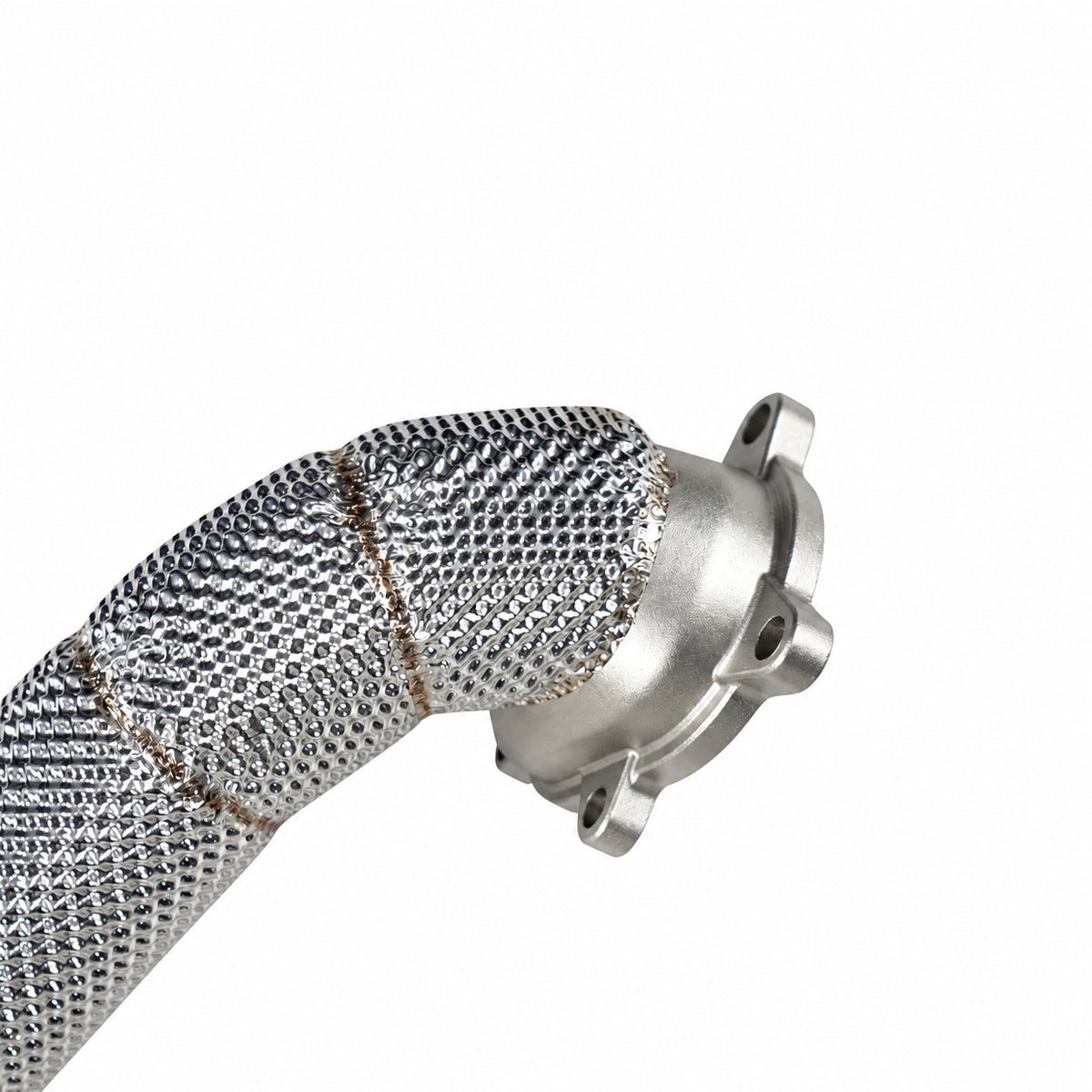 WSTN Performance Audi RS7 C7 EA824 catless downpipe, close-up of the turbo flange and heat shielding at the turbo end