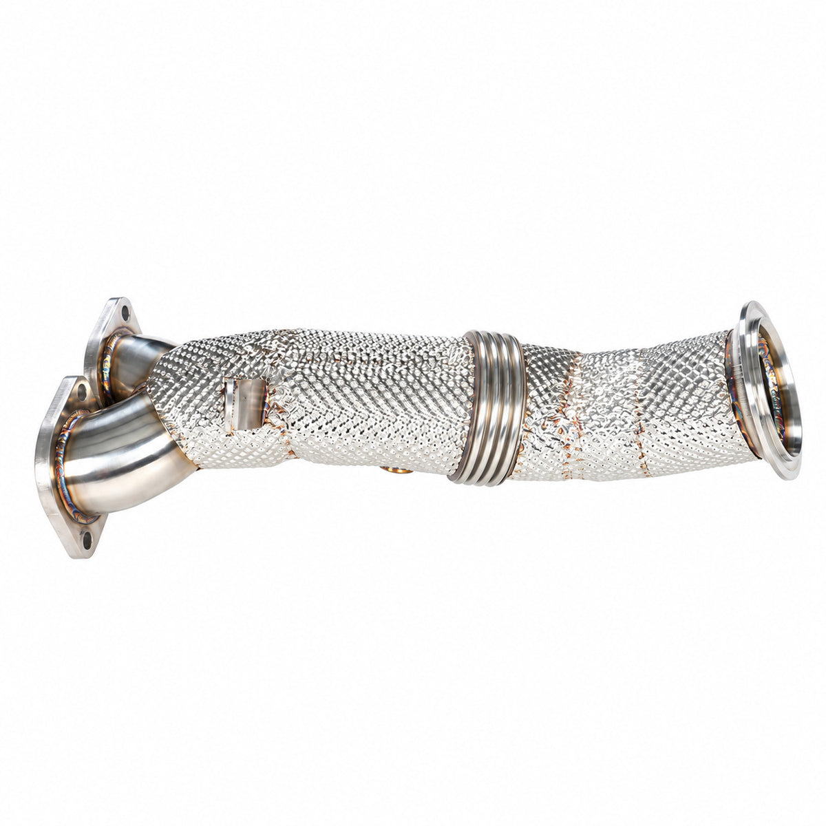 WSTN Performance BMW 335i E9X N55 catless downpipe, side view with full-length heat shielding, ribbed band and bracket