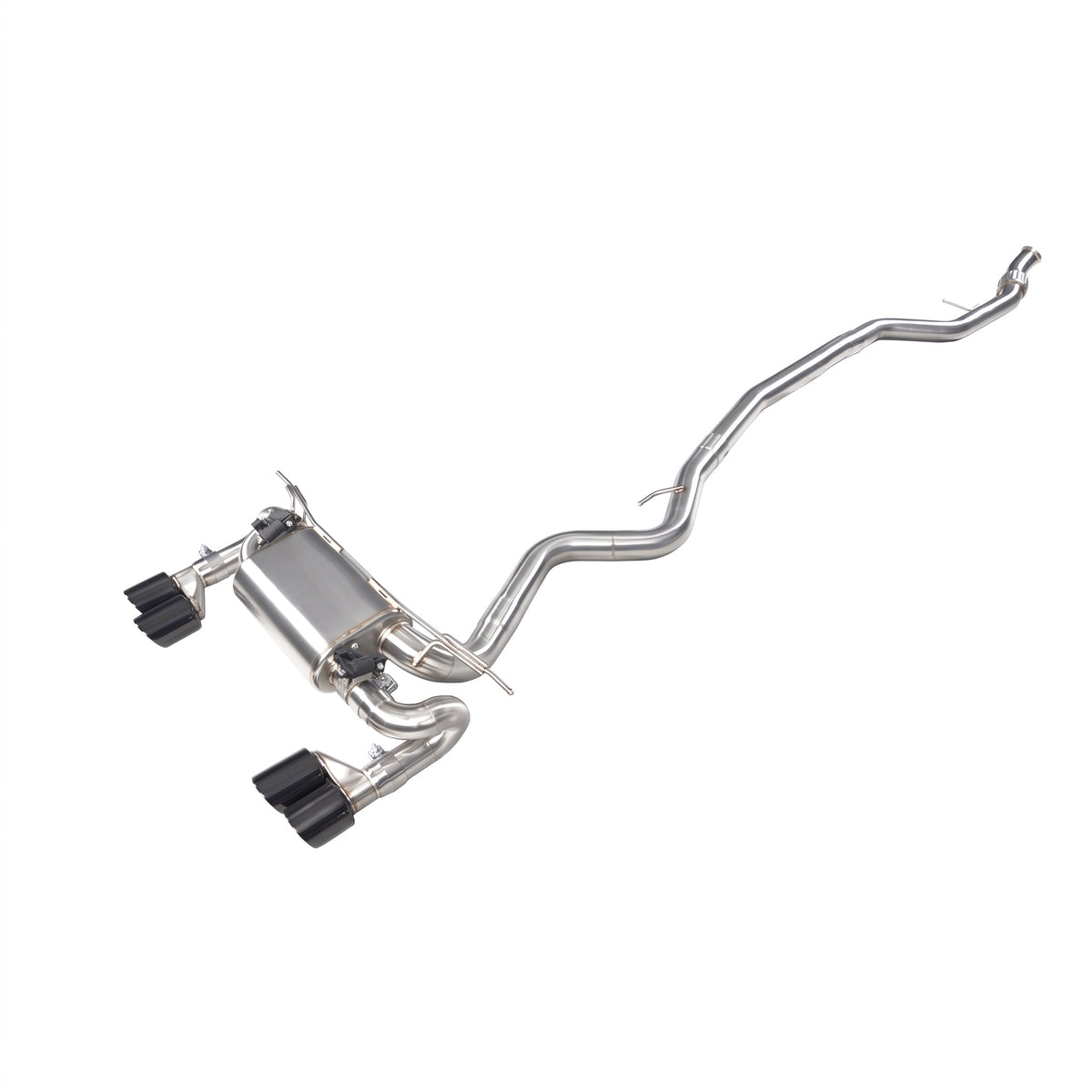 WSTN Performance BMW 335i/435i N55 F3X valved catback exhaust, rear three-quarter view of the muffler and quad tips