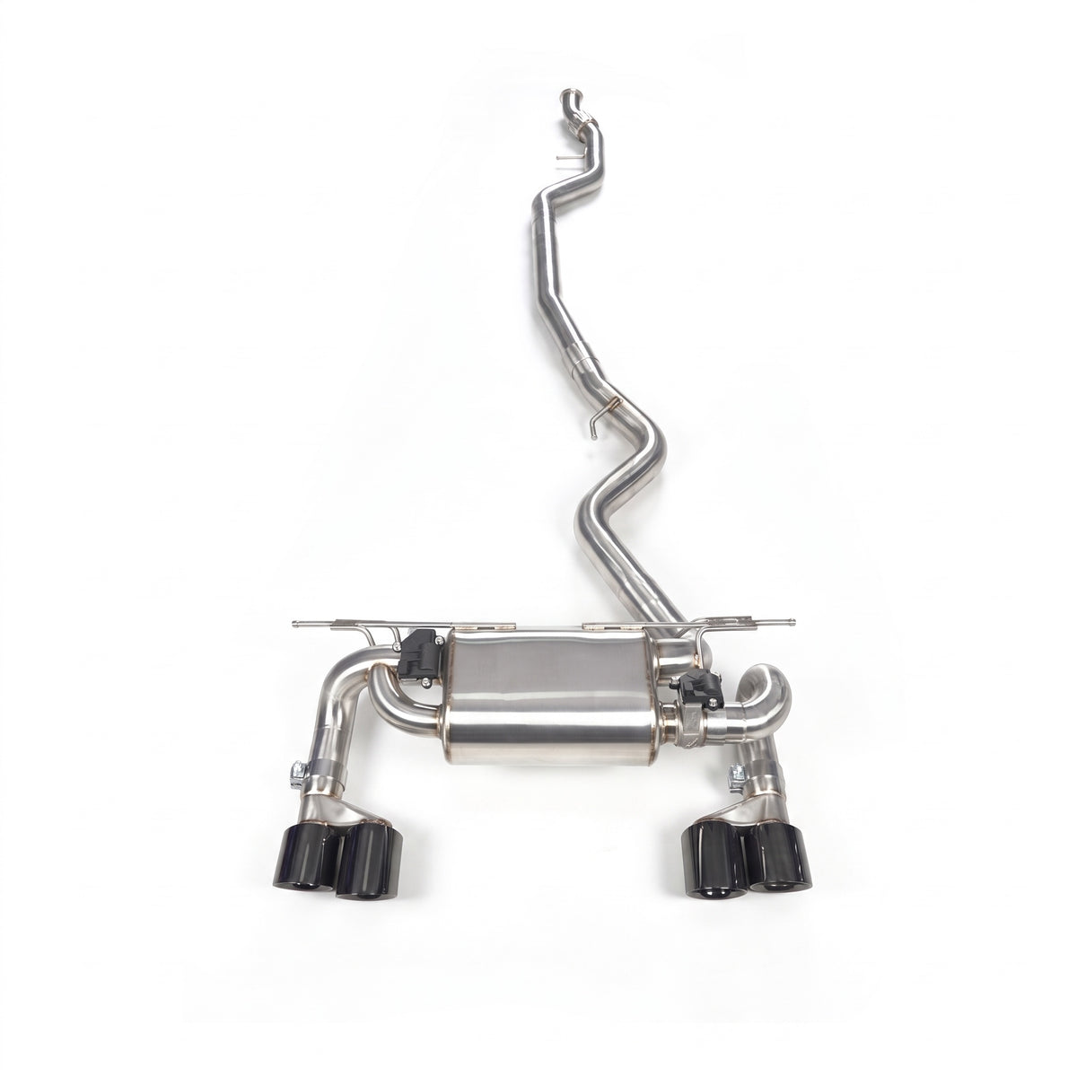 WSTN Performance BMW 335i/435i N55 F3X valved catback exhaust, full system from above, front pipe to quad black tips