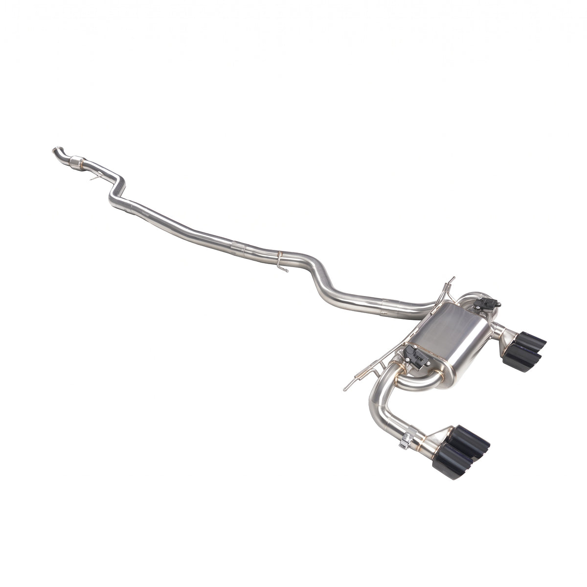 WSTN Performance BMW 335i/435i N55 F3X valved catback exhaust, full system angled from the front, flex section to muffler
