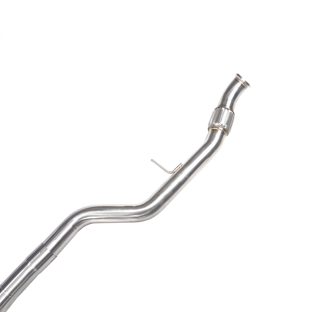 WSTN Performance BMW 335i/435i N55 F3X valved catback exhaust, front pipe close-up with inlet flange and flex joint