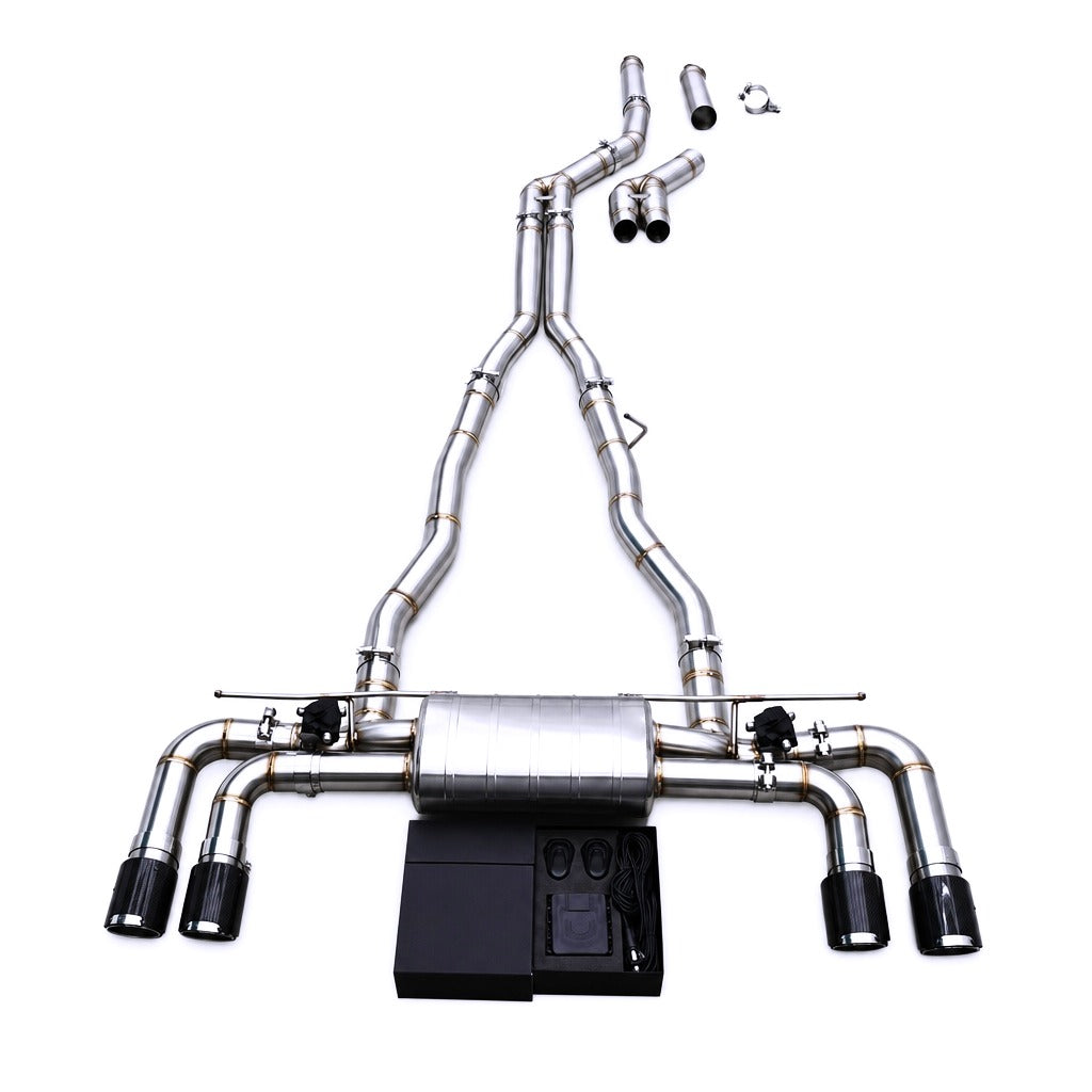 WSTN Performance BMW 540i G30 G38 B58 3.0T valved catback exhaust, full system flat lay view
