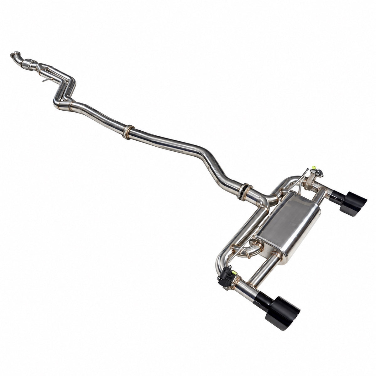 WSTN Performance BMW M135i/M235i N55 F20/F21/F22/F23 valved catback, opposite three-quarter view, front pipe to muffler