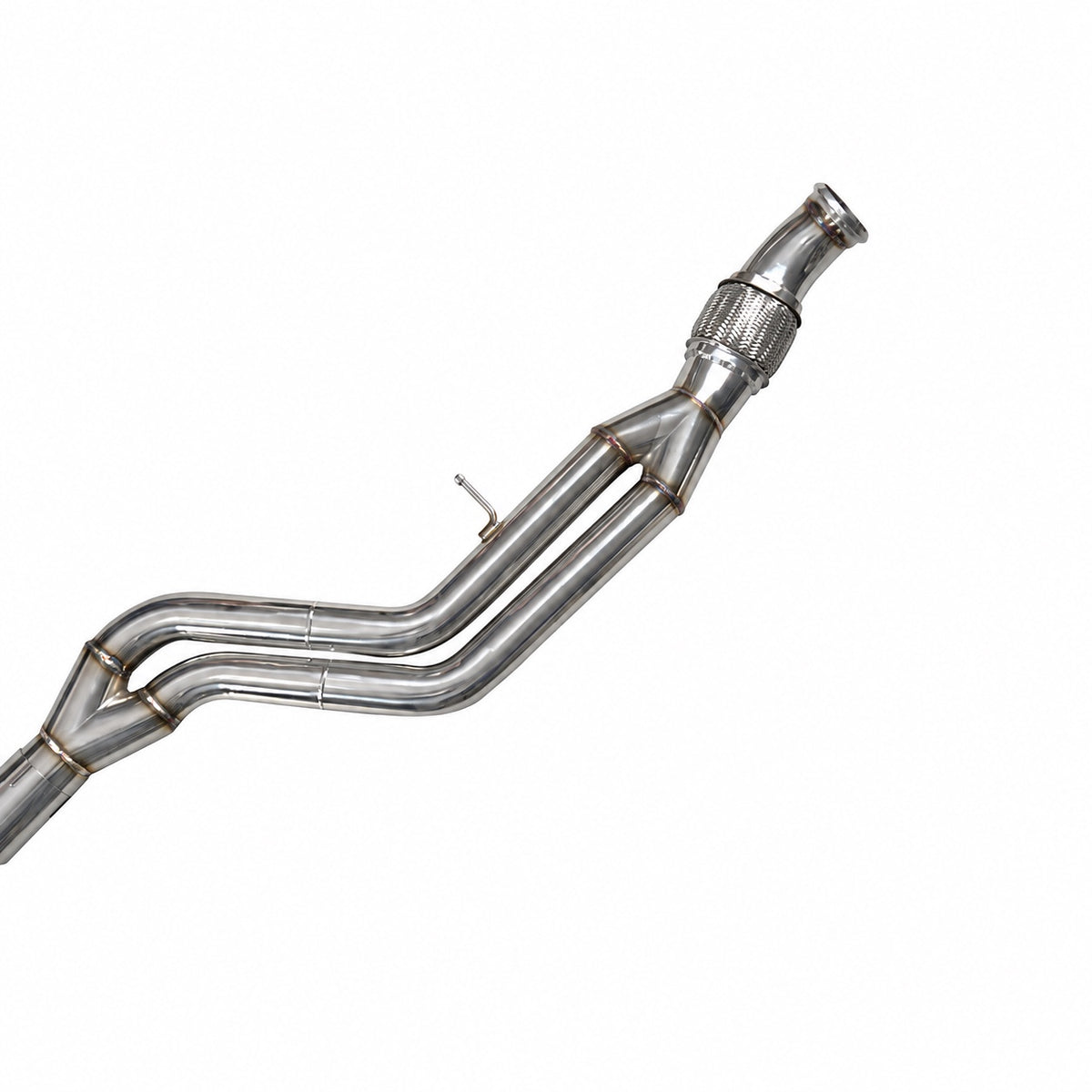 WSTN Performance BMW M135i/M235i N55 F20/F21/F22/F23 valved catback, front pipe close-up with inlet flange and flex joint