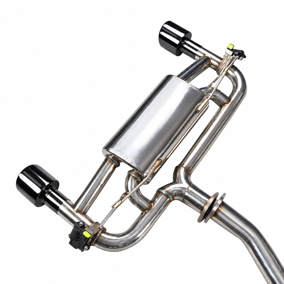 WSTN Performance BMW M135i/M235i N55 F20/F21/F22/F23 valved catback, rear muffler close-up with both valves and black tips