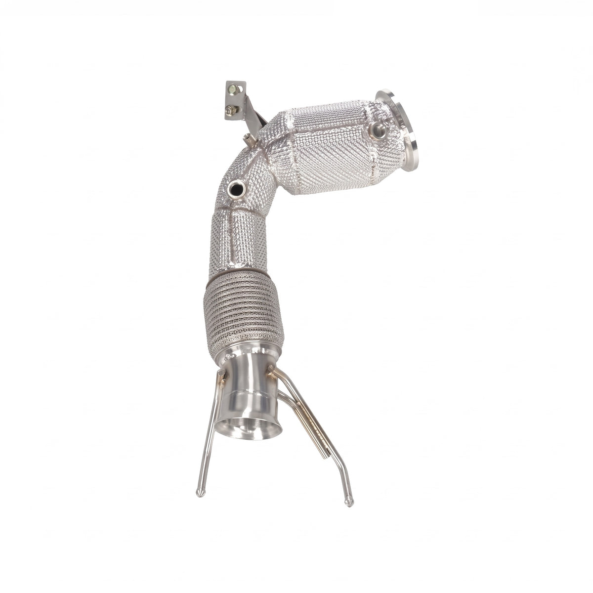 WSTN Performance BMW M135i F40 B48A20 catless downpipe, full length view with heat shielding and flex joint