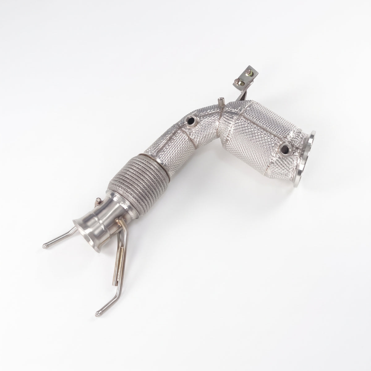WSTN Performance BMW M235i F44 B48A20 catless downpipe, diagonal view from turbo flange to slip-fit outlet