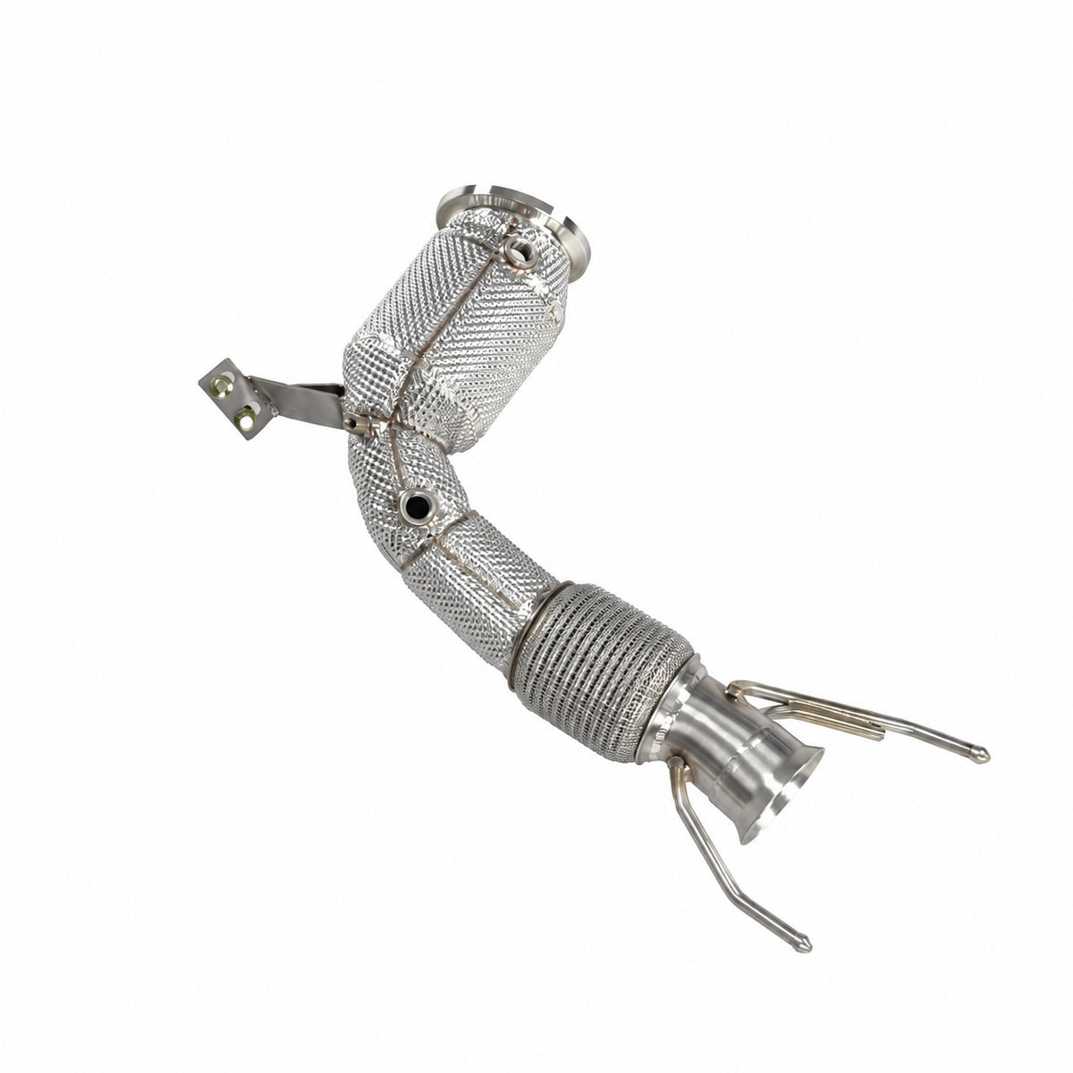 WSTN Performance BMW M135i F40 B48A20 catless downpipe, angled top view of the turbo flange, bracket and outlet