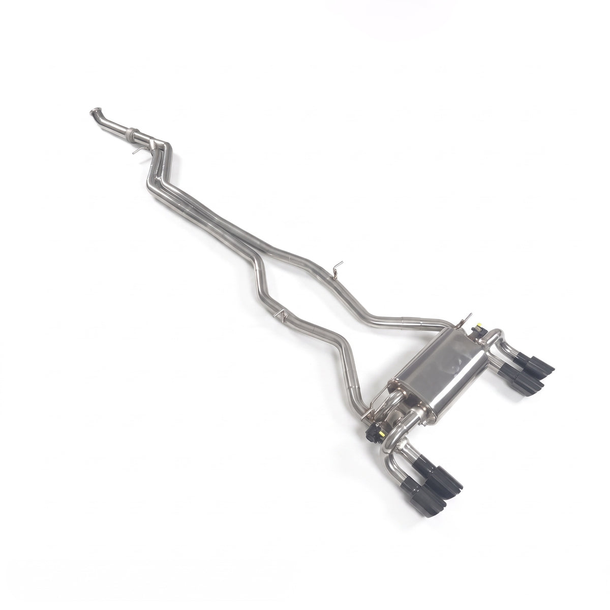 WSTN Performance BMW M2 F87 N55 valved catback exhaust, full system angled from the inlet end with flex section