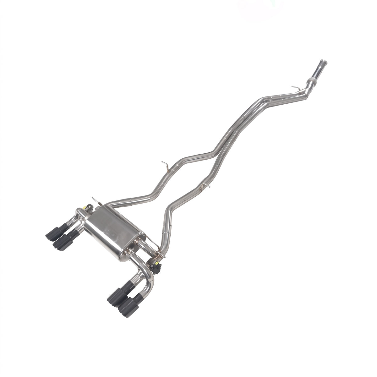 WSTN Performance BMW M2 F87 N55 valved catback exhaust, full system angled from the tips, muffler and both valves