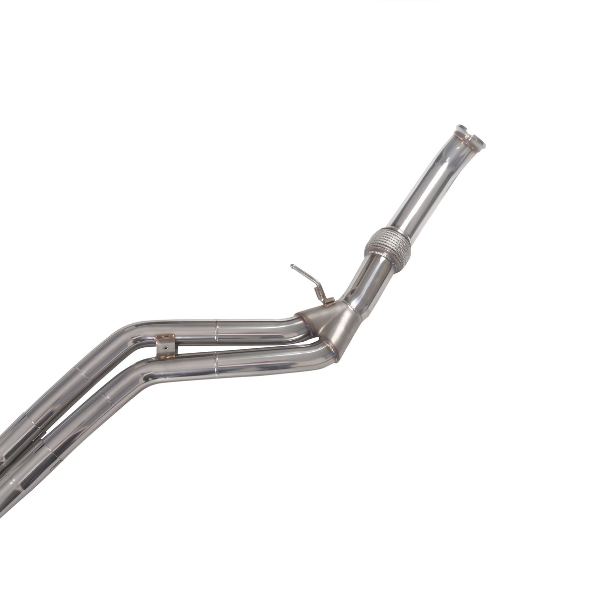 WSTN Performance BMW M2 F87 N55 valved catback exhaust, close-up of the flanged inlet, flex section and Y-pipe