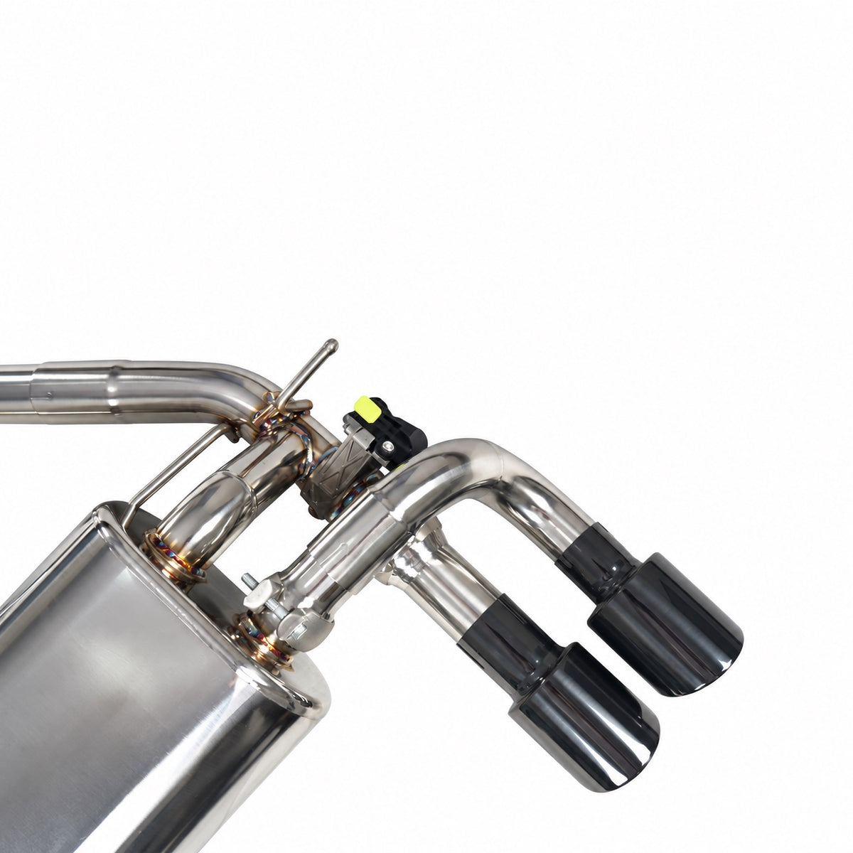 WSTN Performance BMW M2 F87 N55 valved catback exhaust, close-up of one valve actuator and a pair of black tips