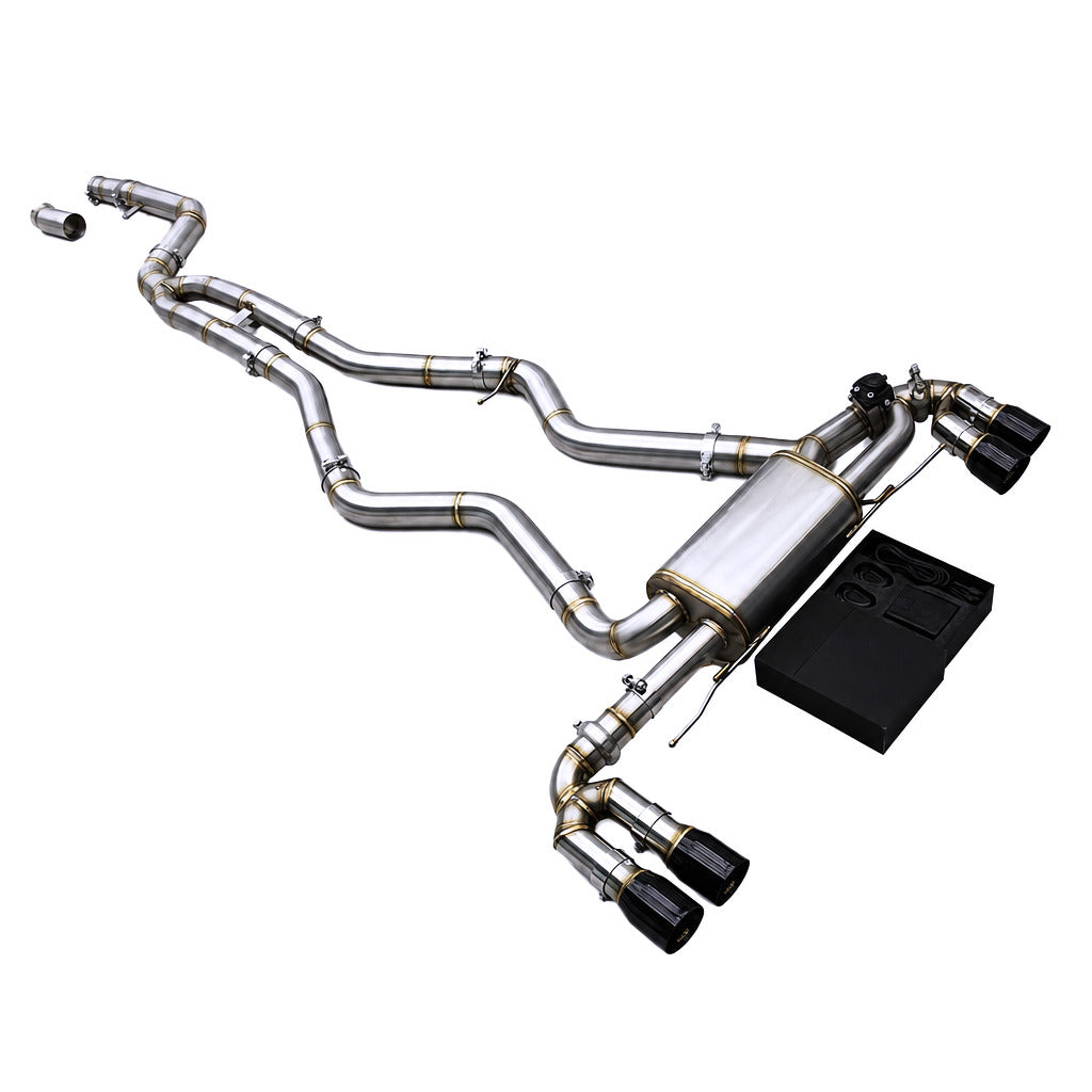 WSTN Performance BMW B58 F32 440i Catback — rear exit tips and valve actuator detail