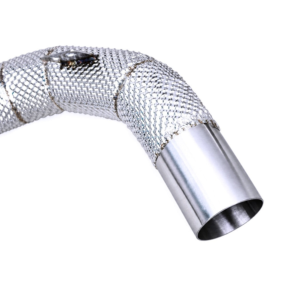 WSTN Performance BMW M550i G30 N63 catless downpipes, rear angle showing pipe diameter and finish