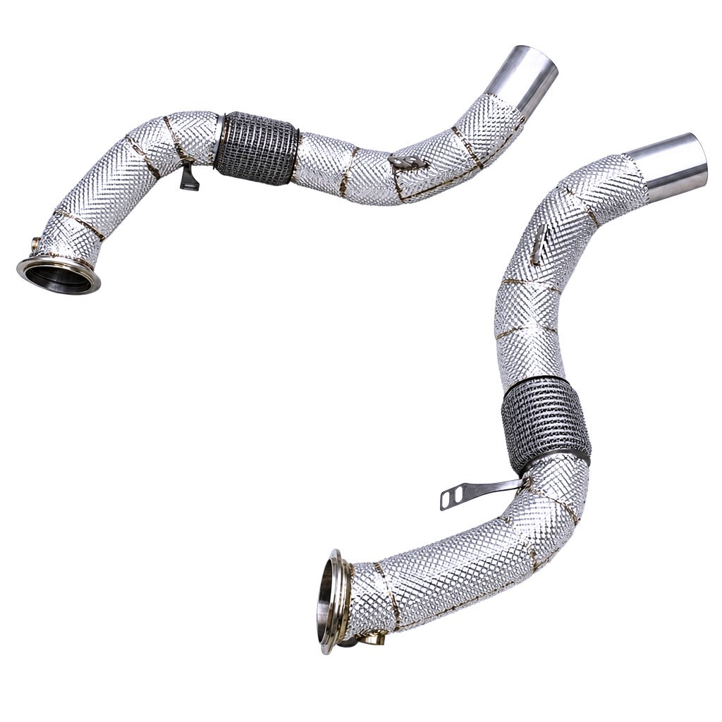 WSTN Performance BMW M550i xDrive G30 N63 catless downpipes, installation angle showing routing