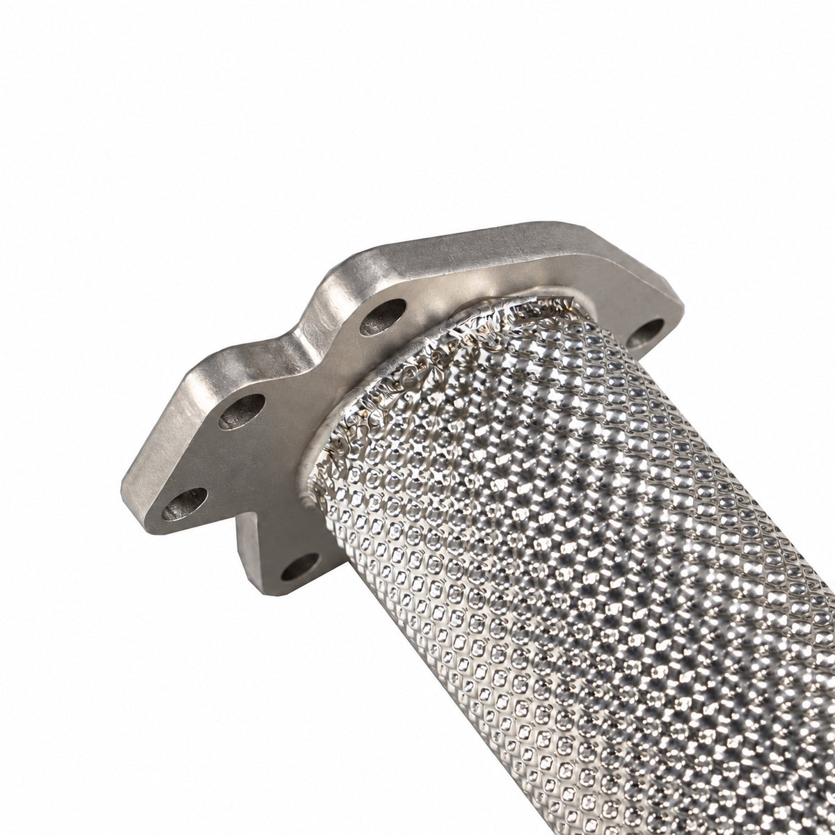 WSTN Performance Corvette C8 LT2 catless downpipe, close-up of the machined flange, weld and heat shielding