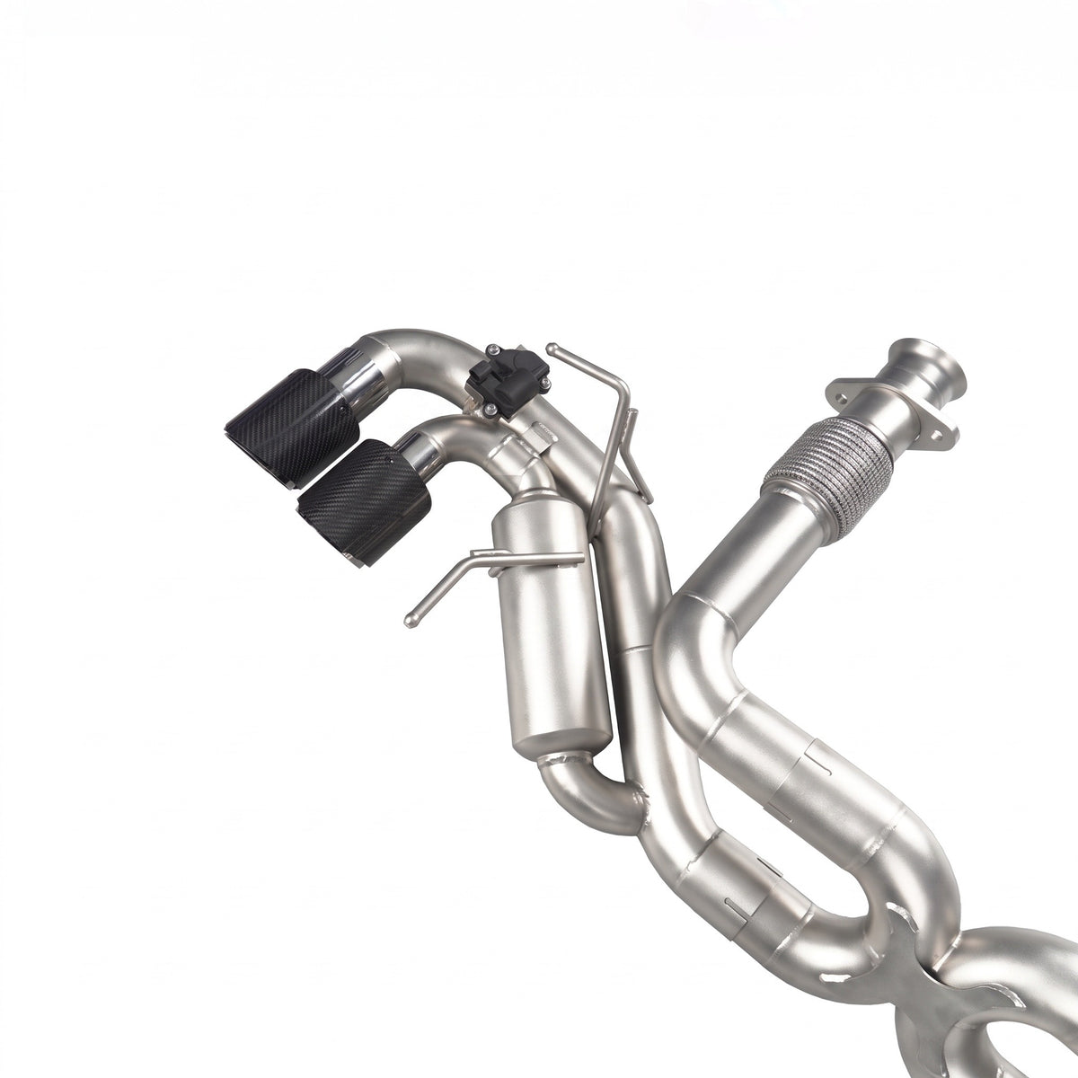 WSTN Performance Corvette C8 LT2 stainless steel catback, close-up of twin carbon tips, valve, muffler and flexed inlet