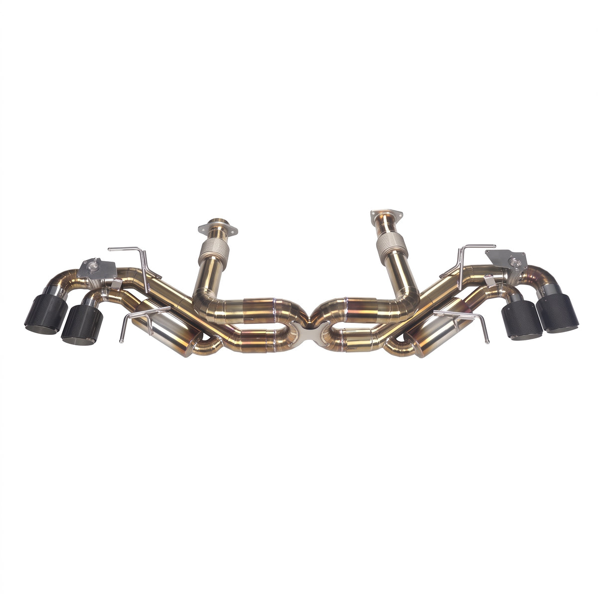 WSTN Performance Corvette C8 LT2 titanium valved catback exhaust, straight-on view of the full system and quad tips