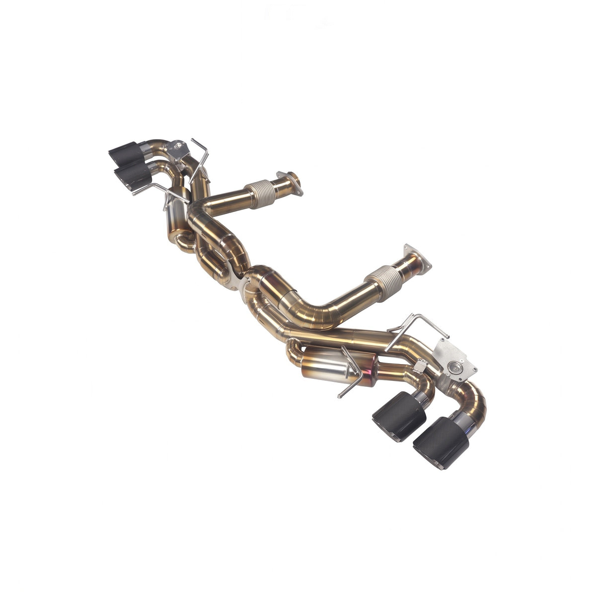 WSTN Performance Corvette C8 LT2 titanium catback exhaust, full system from the opposite angle showing both mufflers