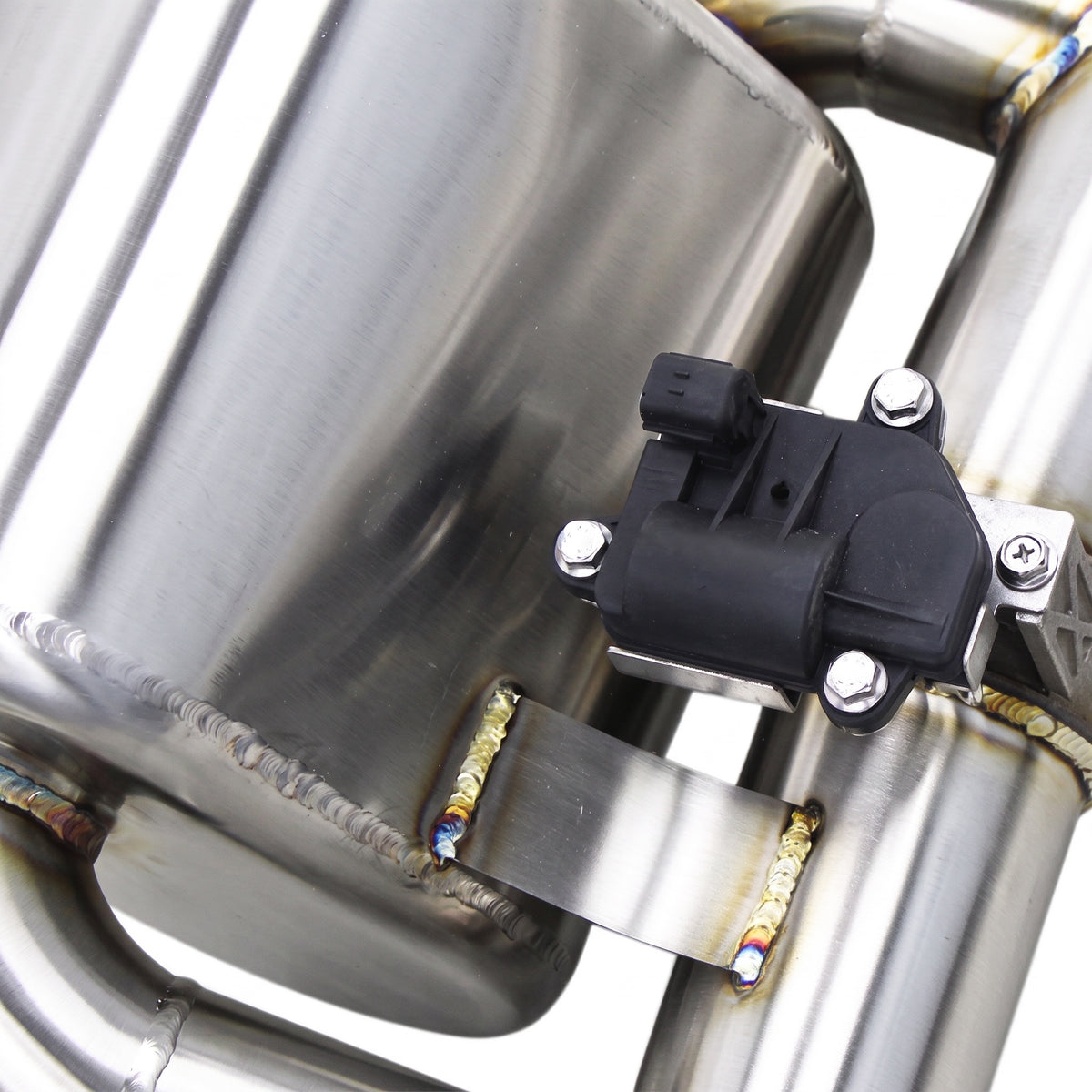 WSTN Performance Dodge Challenger SRT Hellcat ESD LA valved catback exhaust, rear muffler close-up with electronic valve actuator