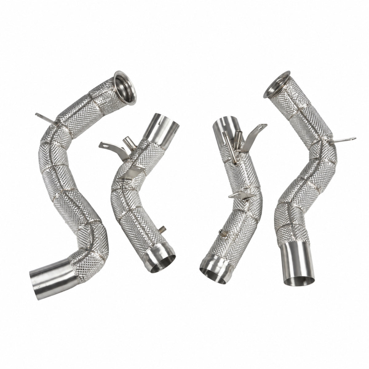 Mercedes E63 E63S AMG M177 W213 S213 silver heat-shielded downpipe set, four-section overview
