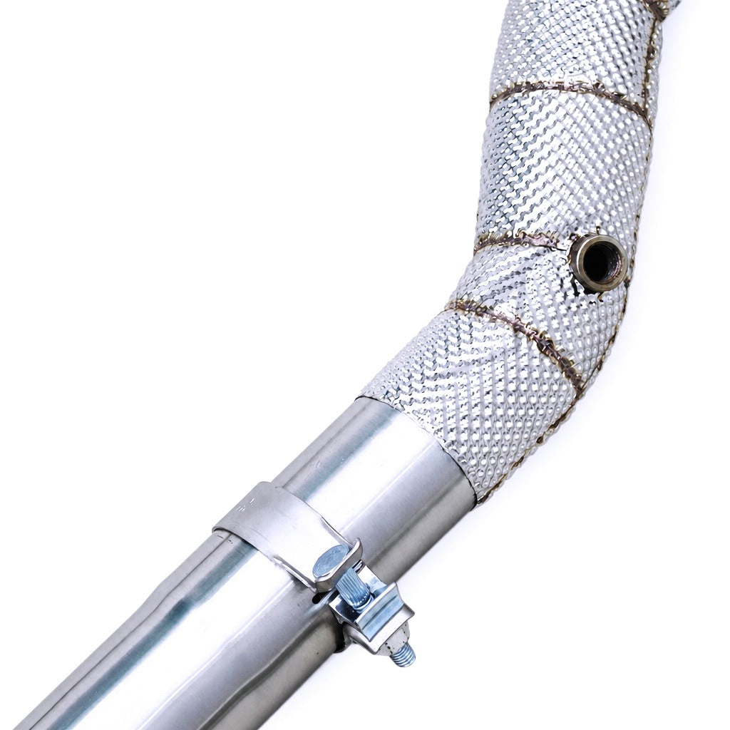 WSTN Performance Ferrari FF F140 6.3L catless downpipes, rear angle showing pipe diameter and finish