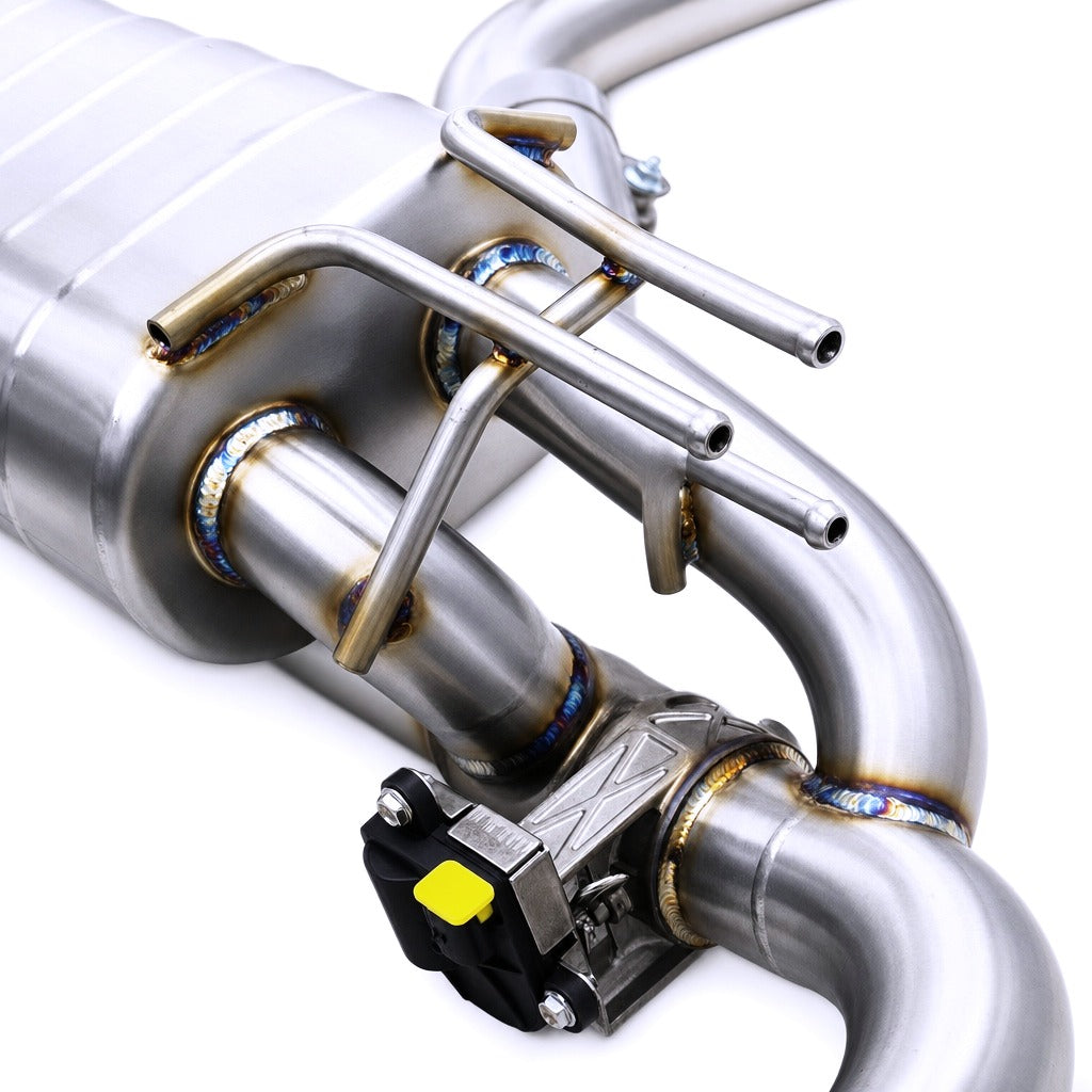 WSTN Performance Toyota GR Yaris GXPA16 valved catback, rear view showing twin tip exit