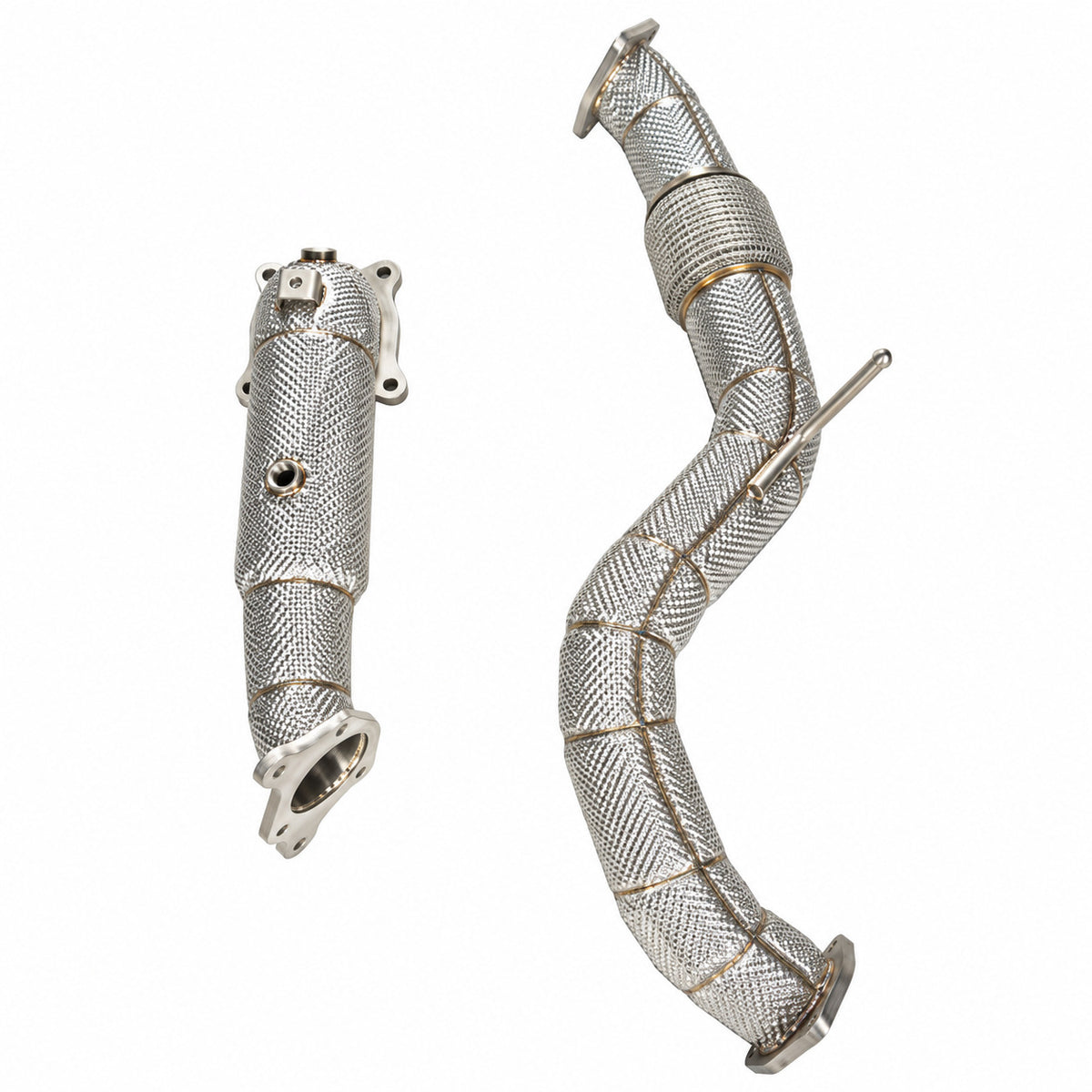 WSTN Performance Honda Civic Type R FL5 K20C1 catless downpipe set standing upright, front pipe flex section and hanger