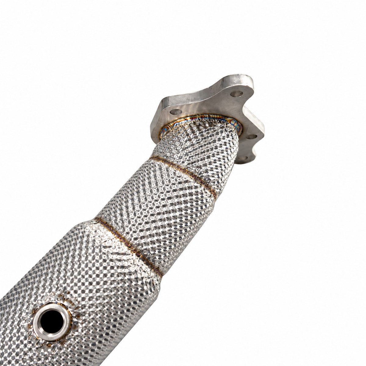 WSTN Performance Honda Civic Type R FL5 K20C1 catless downpipe close-up, flange end, oxygen sensor bung and heat shielding