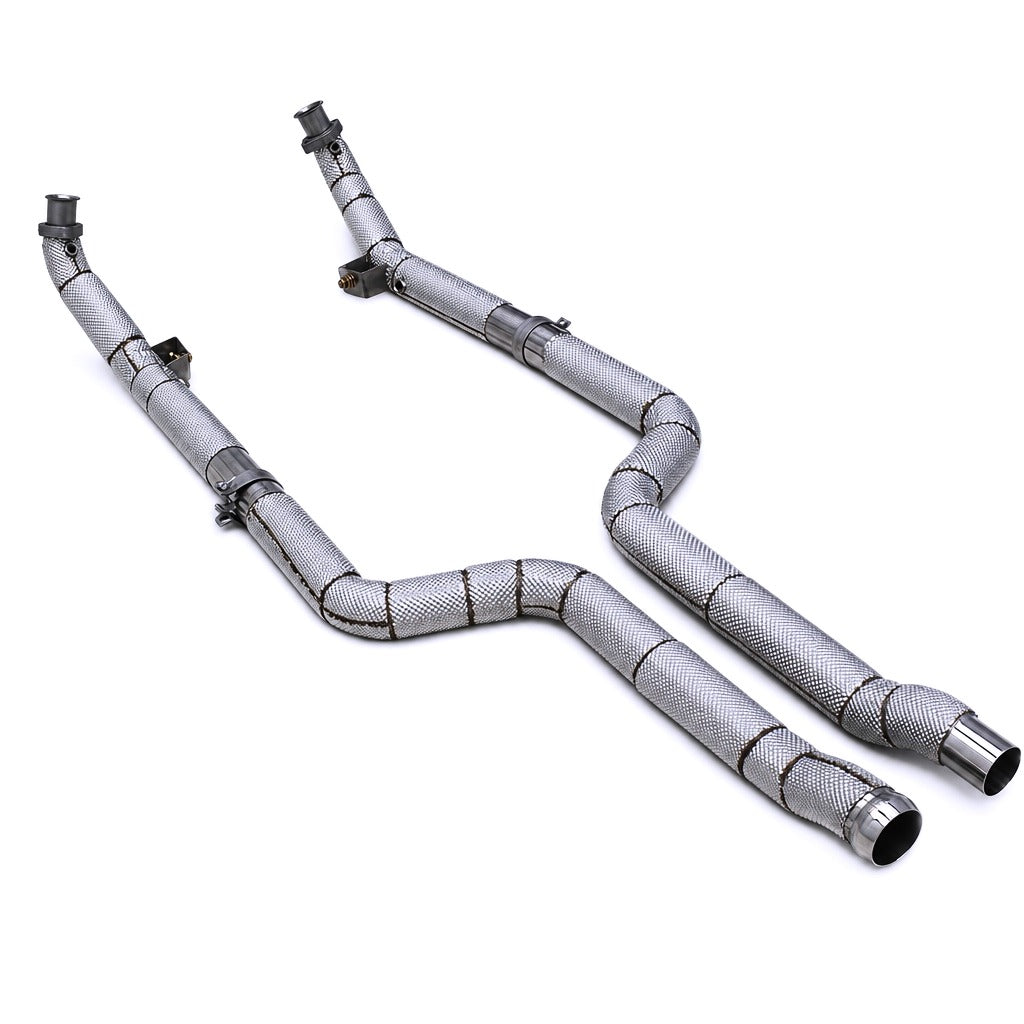WSTN Performance Mercedes C63 AMG M156 W204 Catless Downpipes — front view showing matched pair with OEM flanges