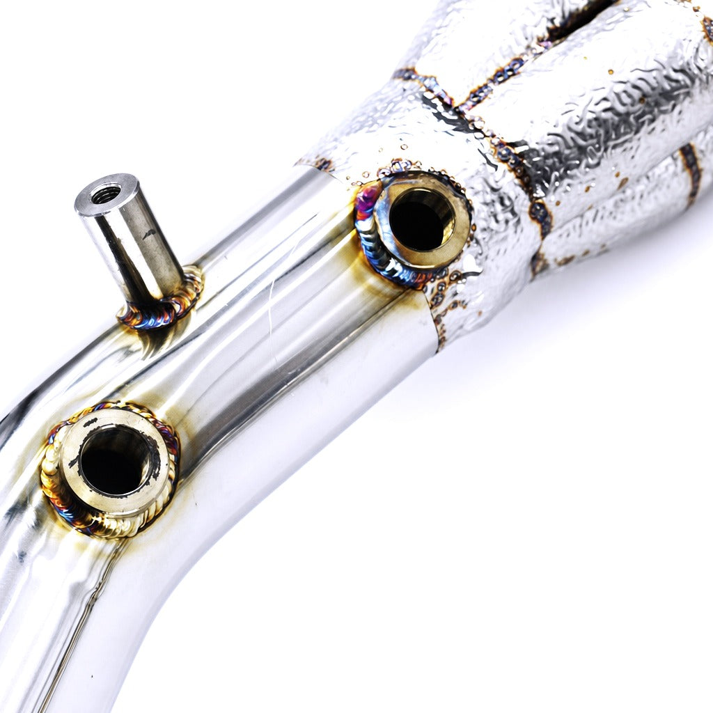 WSTN Performance Mercedes C63 AMG M156 W204 Exhaust Manifolds Downpipes — collector and primary tube construction close-up