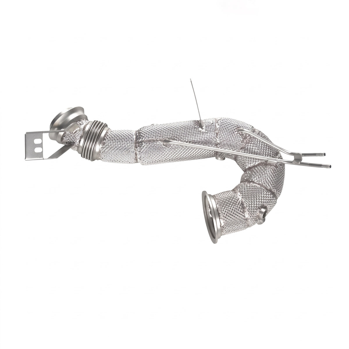 WSTN Performance Mercedes C300 W206 M254 2.0T heat shielded downpipe, full side view with flex section and bracket