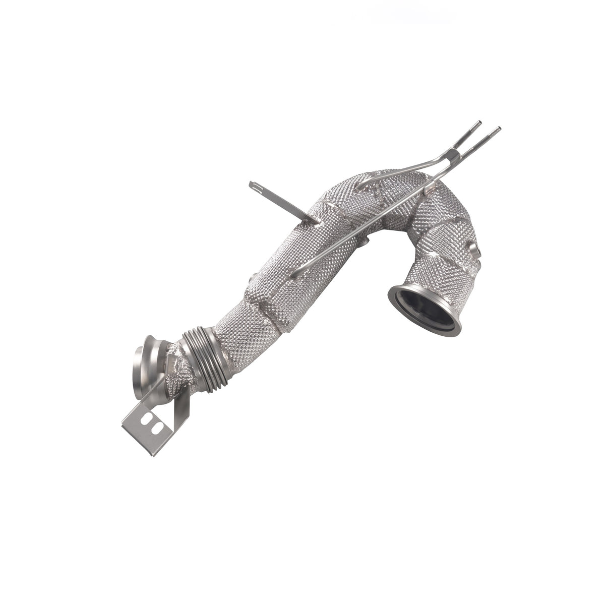 WSTN Performance Mercedes C300 W206 M254 heat shielded downpipe, overhead view showing the bend, sensor tubes and bracket