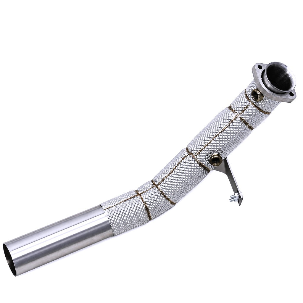 WSTN Performance Mercedes E550 W212 M278 4.7TT catless downpipes, rear angle showing flange and O2 bung