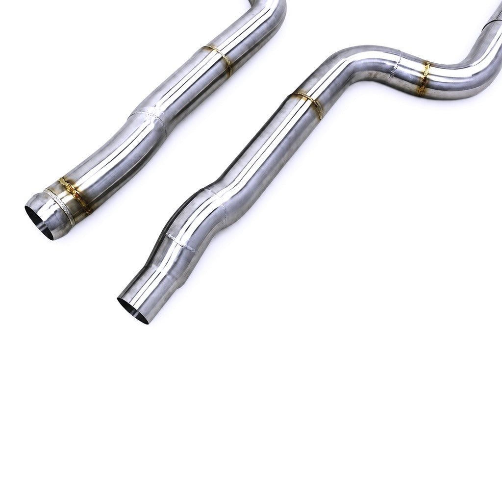 WSTN Performance Mercedes CLS550 E550 M278 catless downpipes, installation angle showing pipe routing