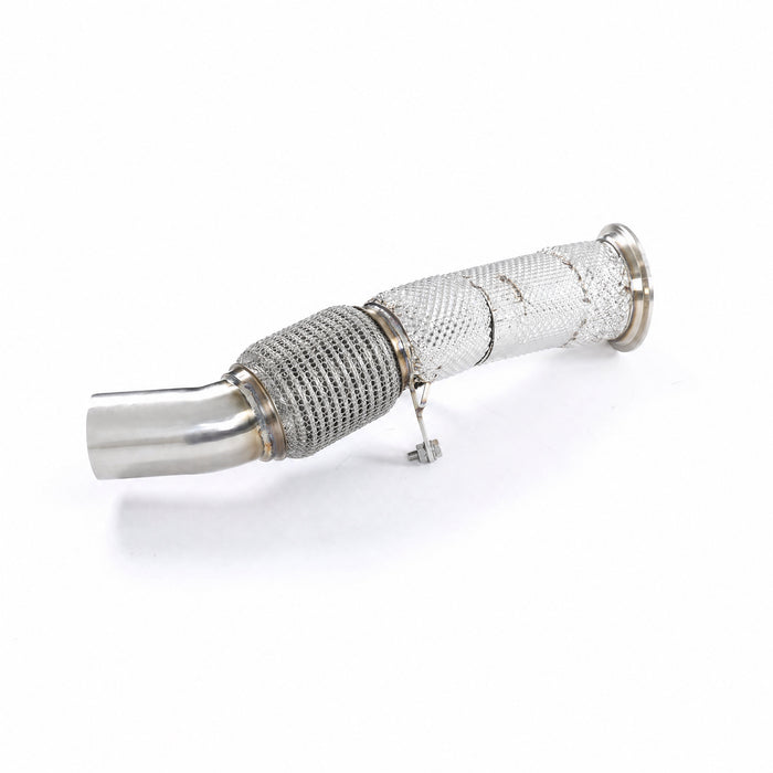 WSTN Performance BMW N20 F30 320i 328i catless downpipe, angled full view, turbo flange top right