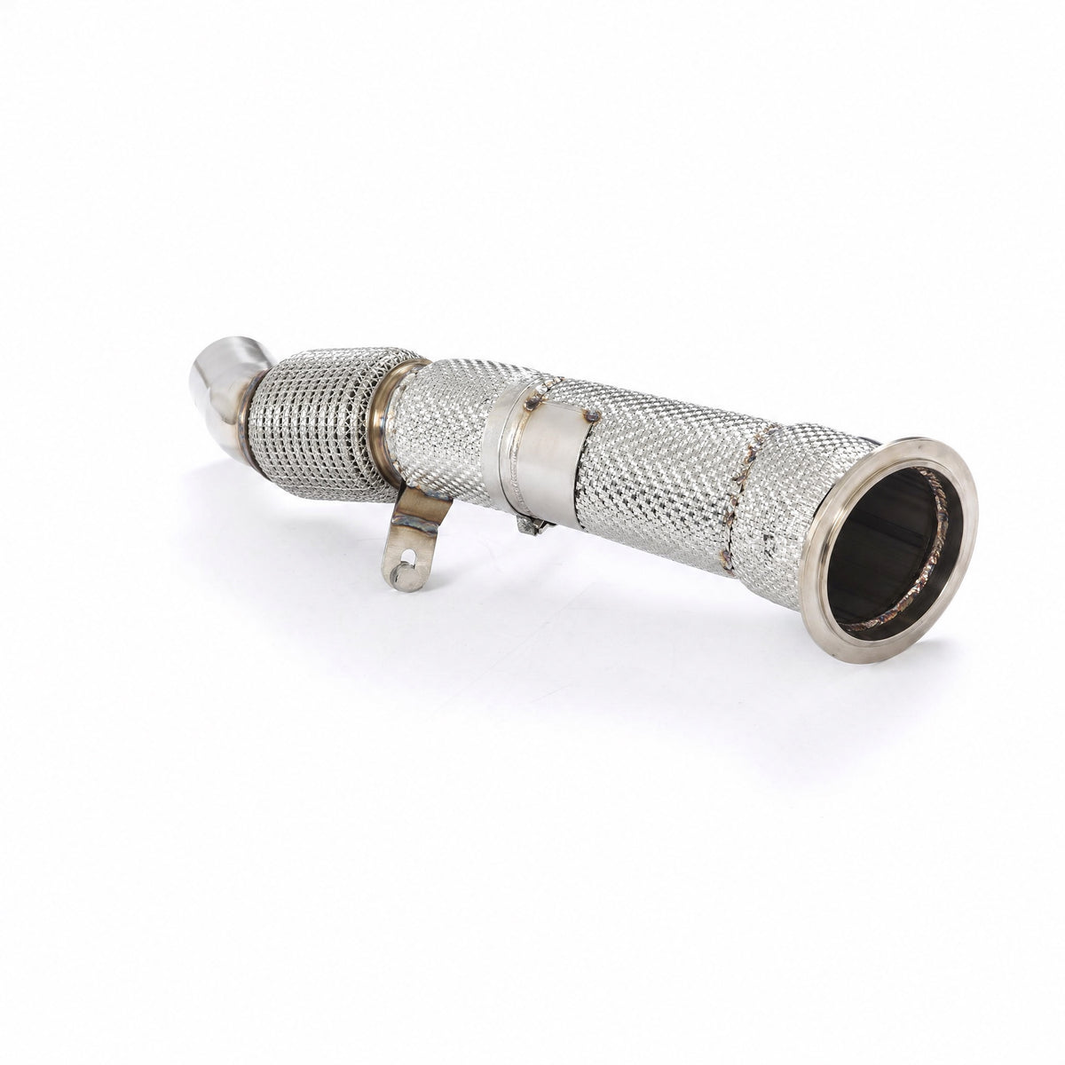 WSTN Performance BMW N20 F30 320i 328i catless downpipe, hero angle showing heat wrap and mounting bracket