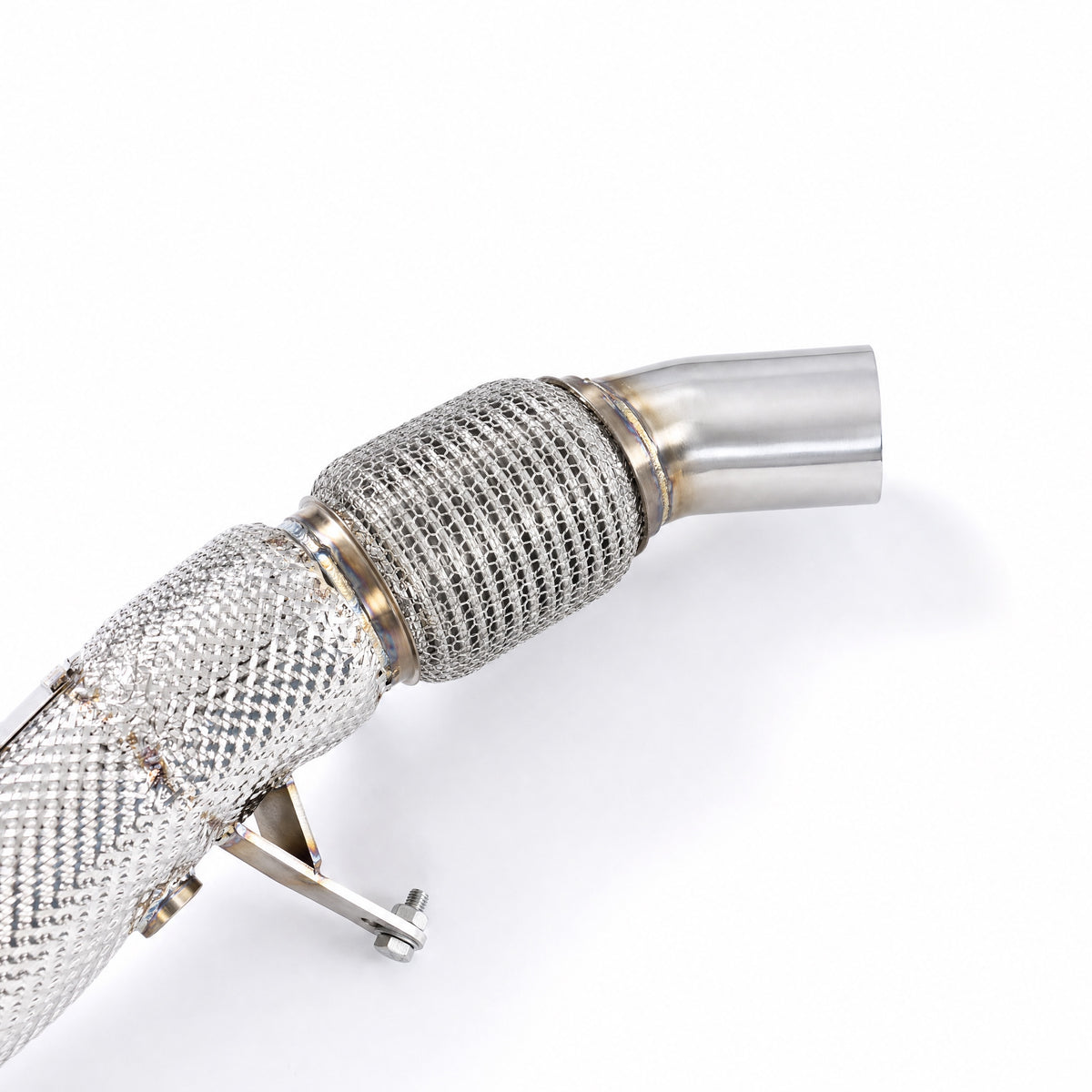 WSTN Performance BMW N20 F30 320i 328i catless downpipe, close-up of flex section and outlet end