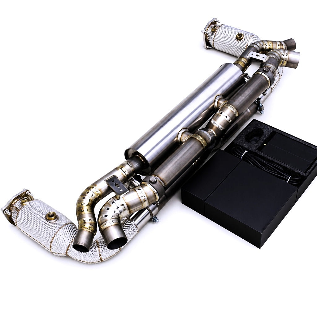 WSTN Performance Porsche 911 Turbo 991.2 9A1 Titanium Catback Exhaust front three-quarter view of full system