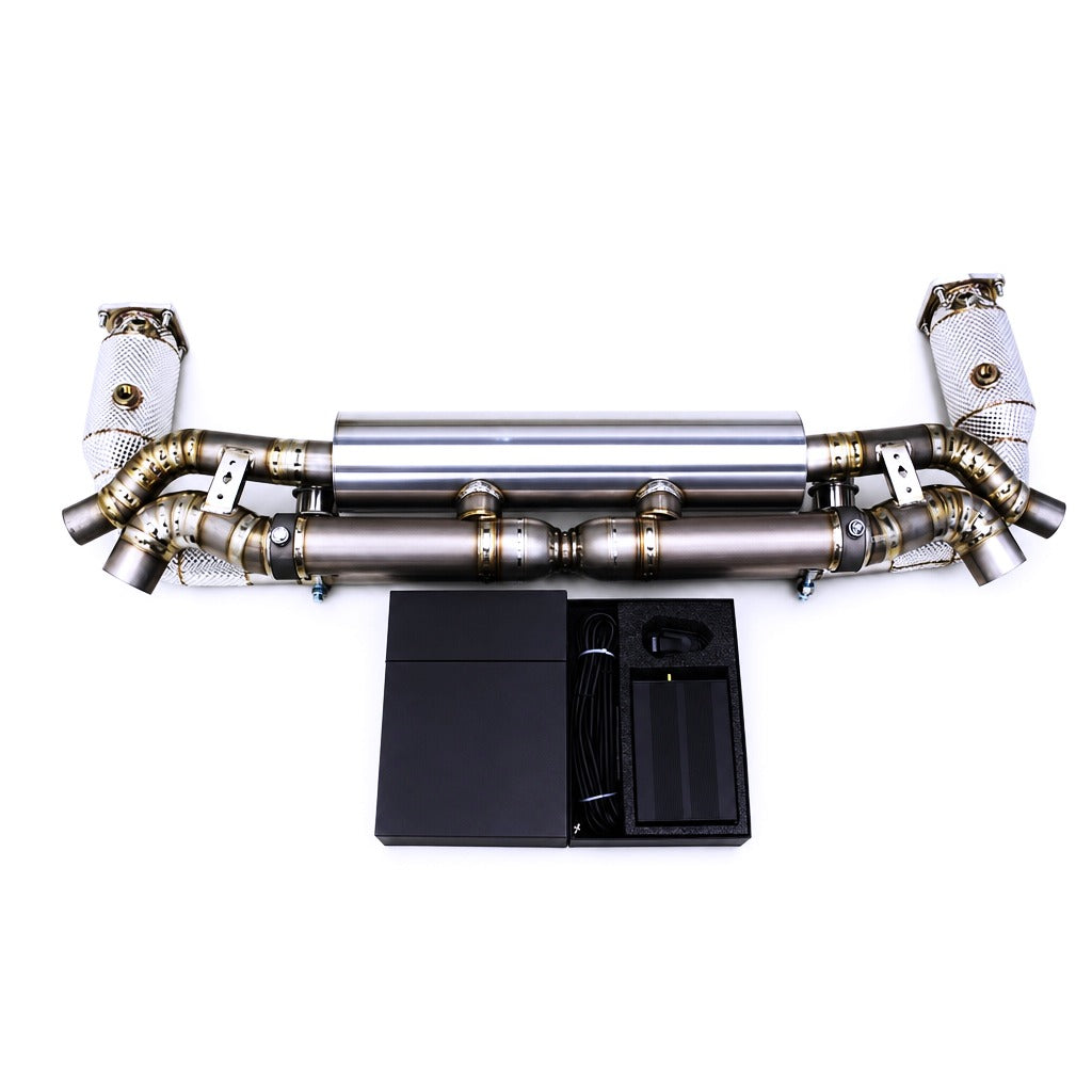 WSTN Performance Porsche 911 Turbo 991.2 9A1 Titanium Catback Exhaust rear valved muffler and dual tip detail