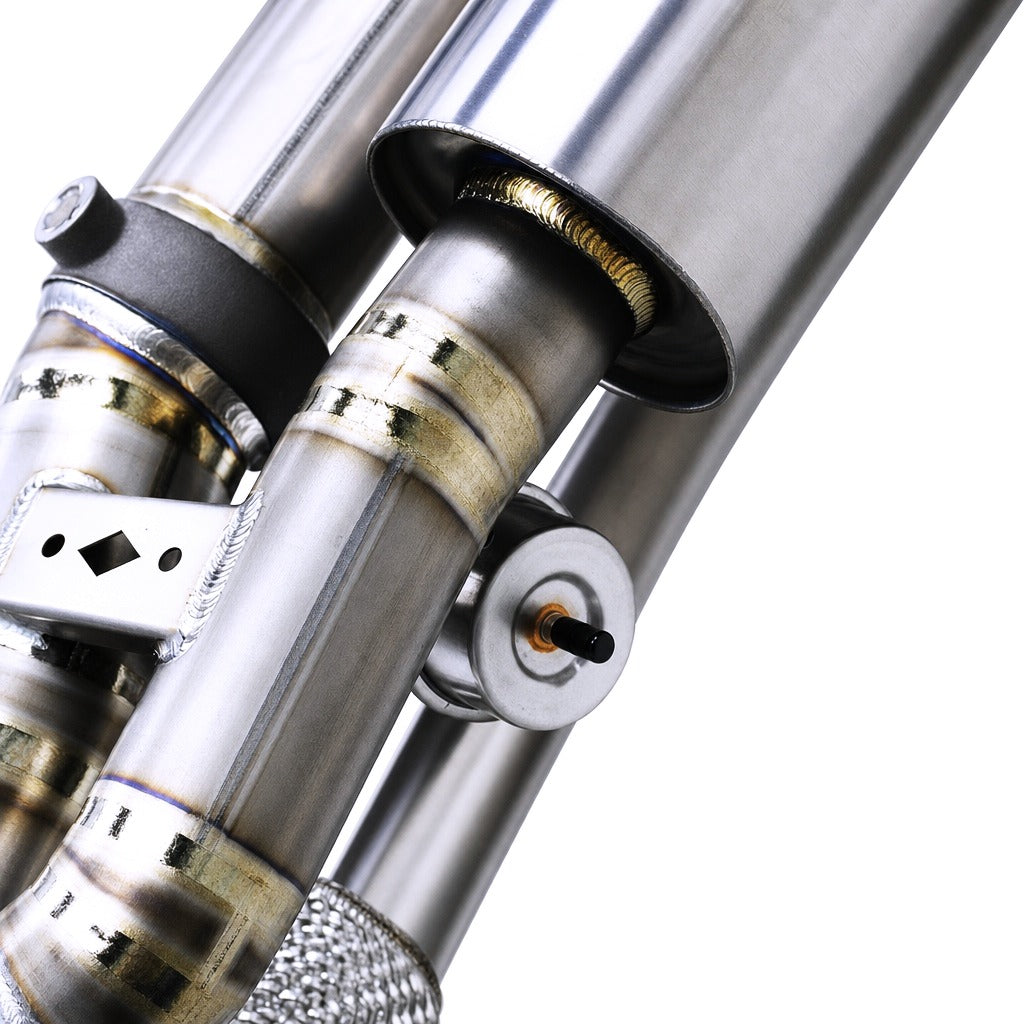 WSTN Performance Porsche 911 Turbo 991.2 9A1 Titanium Catback Exhaust side profile showing mandrel bends