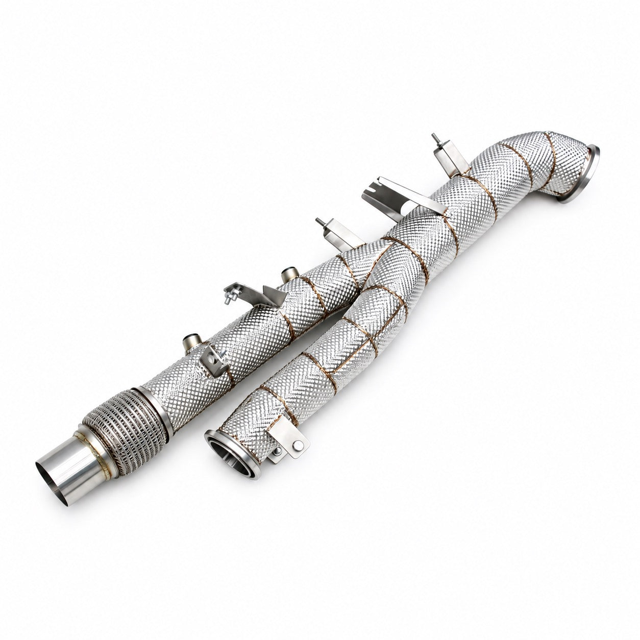 Porsche 911 Carrera GTS 992.2 3.6T catless downpipe, side angle showing the braided flex section