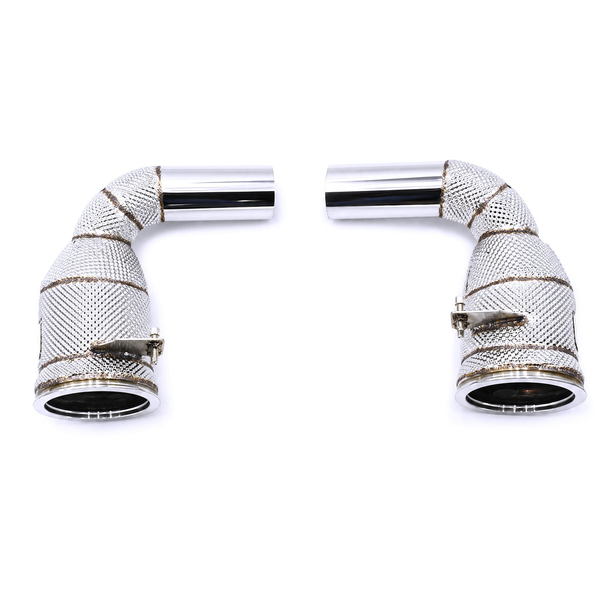 WSTN Performance Porsche 911 Carrera 4S 9A2evo 3.0TT Catless Downpipe 992 — full pair of heat-wrapped twin downpipes