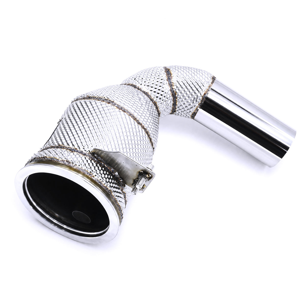 WSTN Performance Porsche 911 Carrera 4S 9A2evo 3.0TT Catless Downpipe 992 — polished outlet and heat-wrap weave close-up
