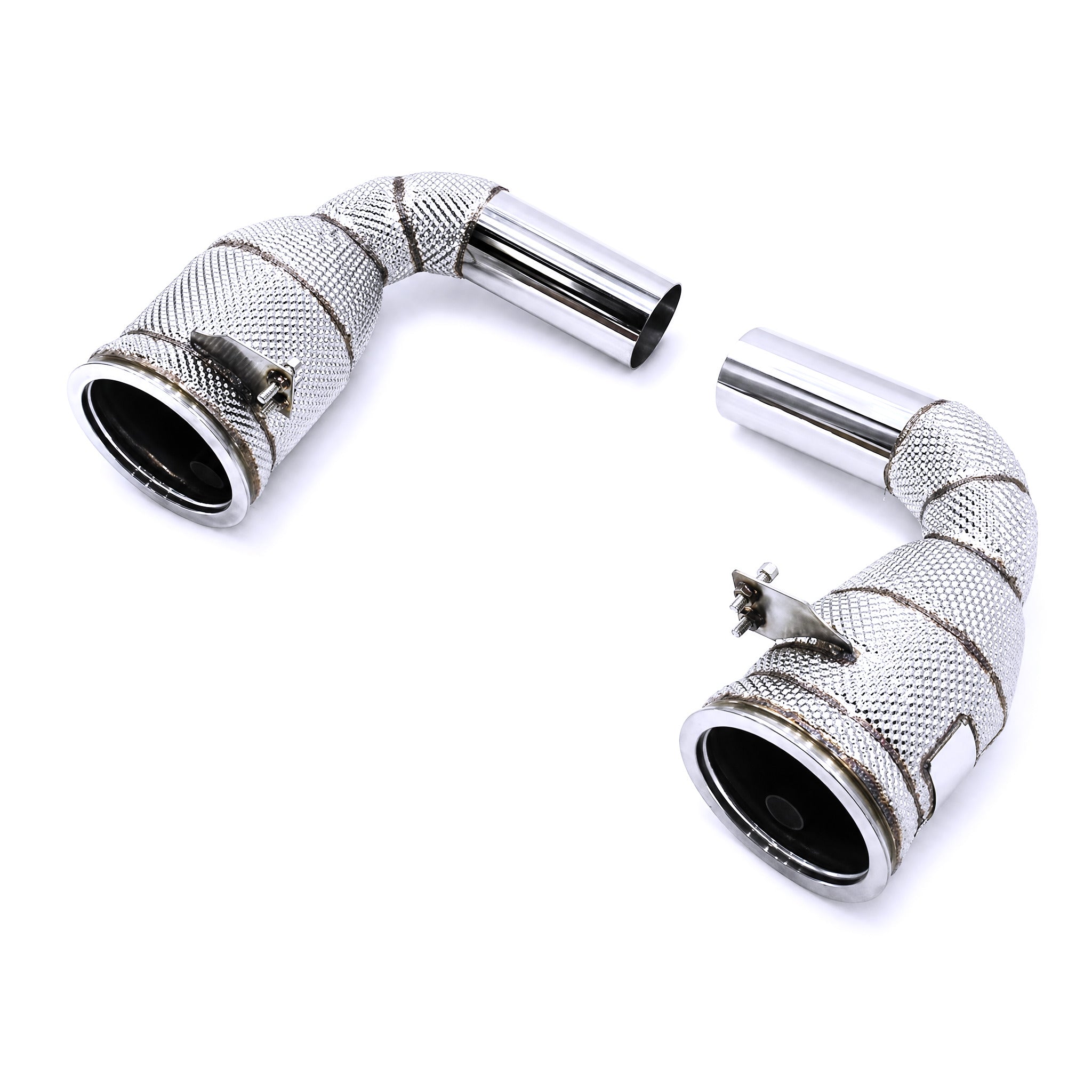 WSTN Performance Porsche 911 Carrera 4S 9A2evo 3.0TT Catless Downpipe 992 — turbo-side flange with mounting bracket