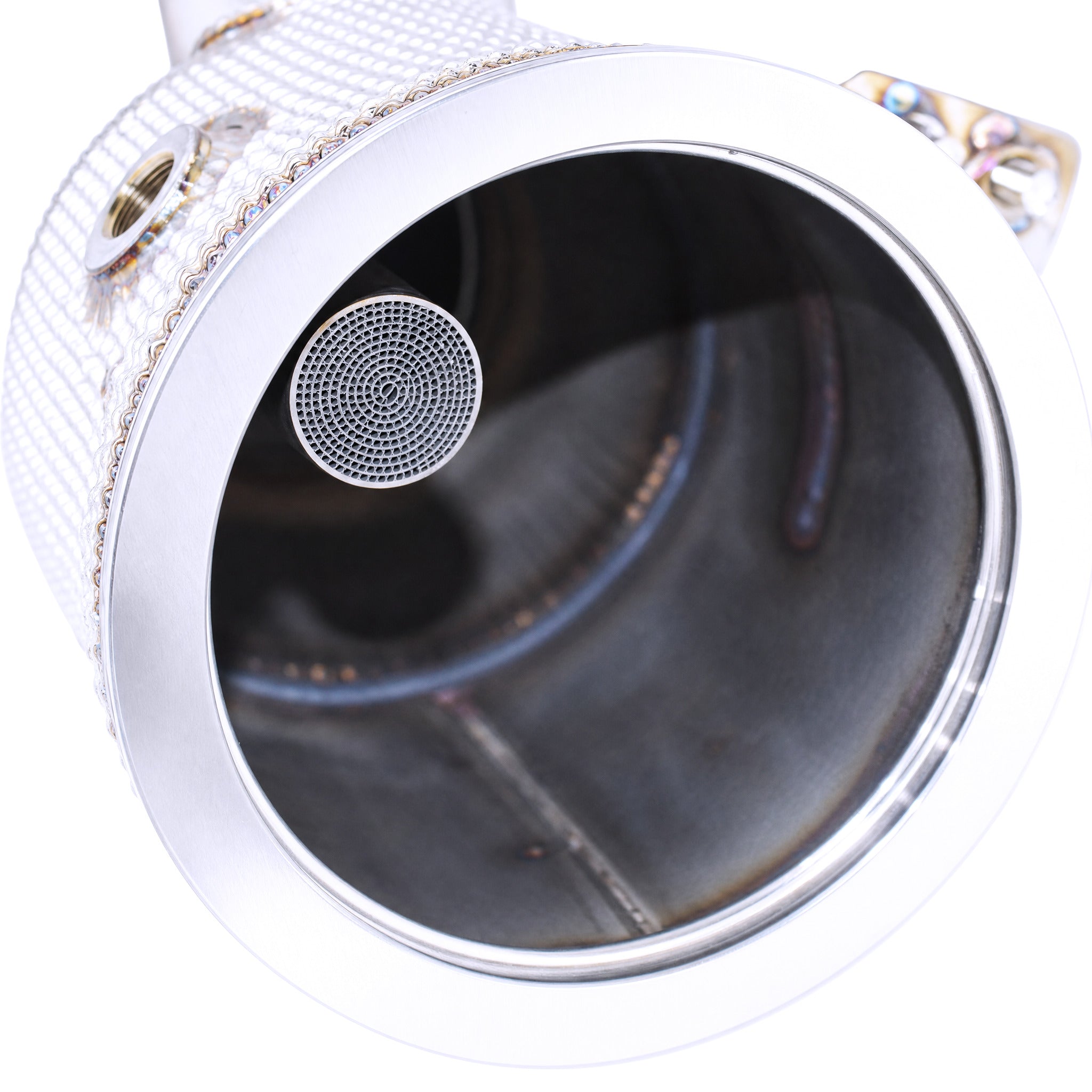 WSTN Performance Porsche 911 Carrera 4S 9A2evo 3.0TT Catless Downpipe 992 — 90-degree bend detail and clamp hardware